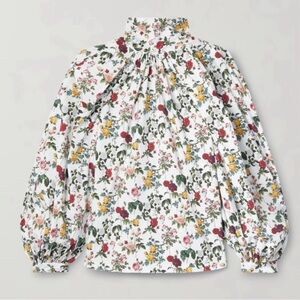 OSCAR DE LA RENTA Gathered floral-print cotton-blend poplin blouse